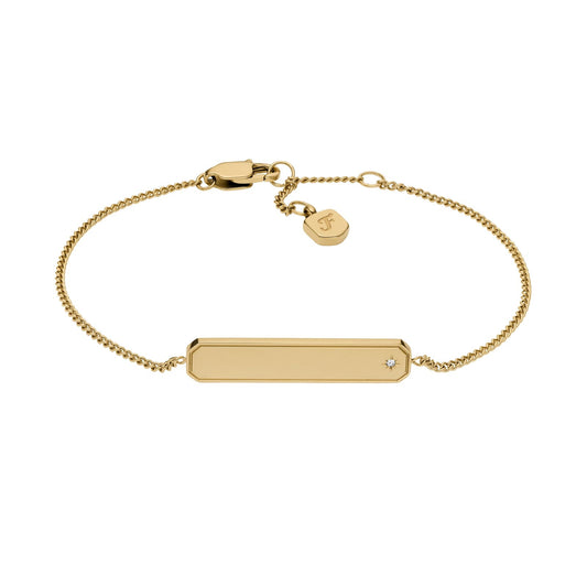 Bracciale Fossil in acciaio dorato e placchetta con zircone Regolabile 16,5-19 cm