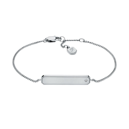 Bracciale catena Fossil in acciaio e placchetta con zircone Regolabile 16,5-19 cm