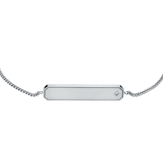 Bracciale catena Fossil in acciaio e placchetta con zircone Regolabile 16,5-19 cm