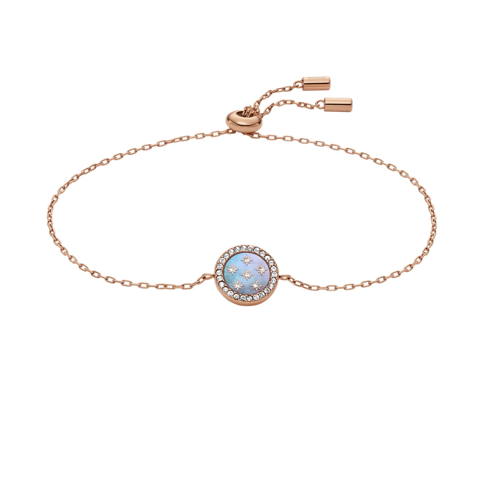 Bracciale Fossil acciaio rosé elemento madreperla e cristalli REGOLABILE