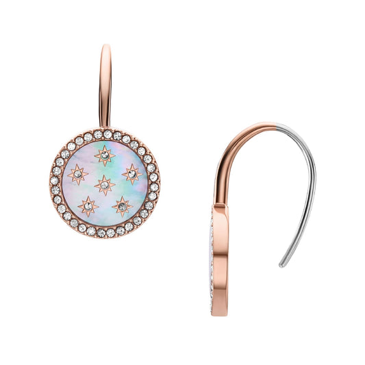 Orecchini Fossil acciaio rosé pendente madreperla e cristalli MISURA UNICA