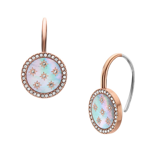 Orecchini Fossil acciaio rosé pendente madreperla e cristalli MISURA UNICA