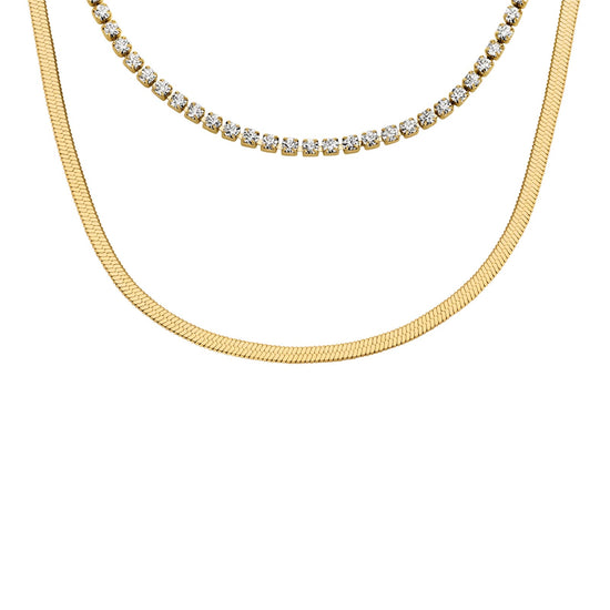 Collana multifilo Fossil Ellis in acciaio dorato e cristalli MISURA UNICA