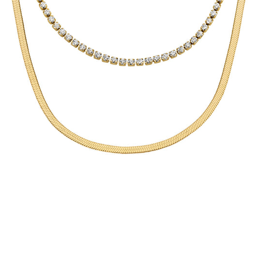 Collana multifilo Fossil Ellis in acciaio dorato e cristalli MISURA UNICA