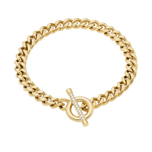 Bracciale Fossil Carlie acciaio oro pavé chiusura T-bar donna 18,5 cm