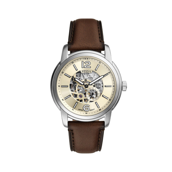 Orologio automatico Fossil in acciaio argento e pelle marrone F.ME3264