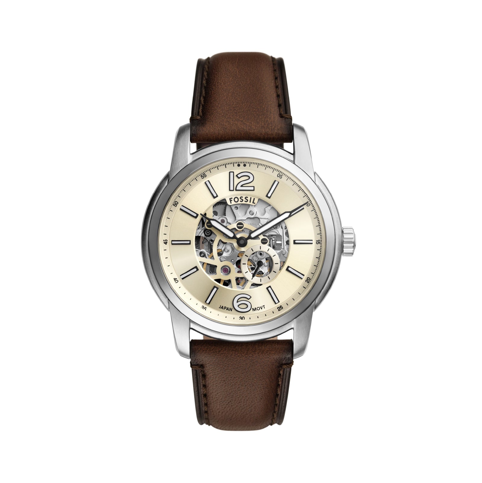 Orologio automatico Fossil in acciaio argento e pelle marrone F.ME3264