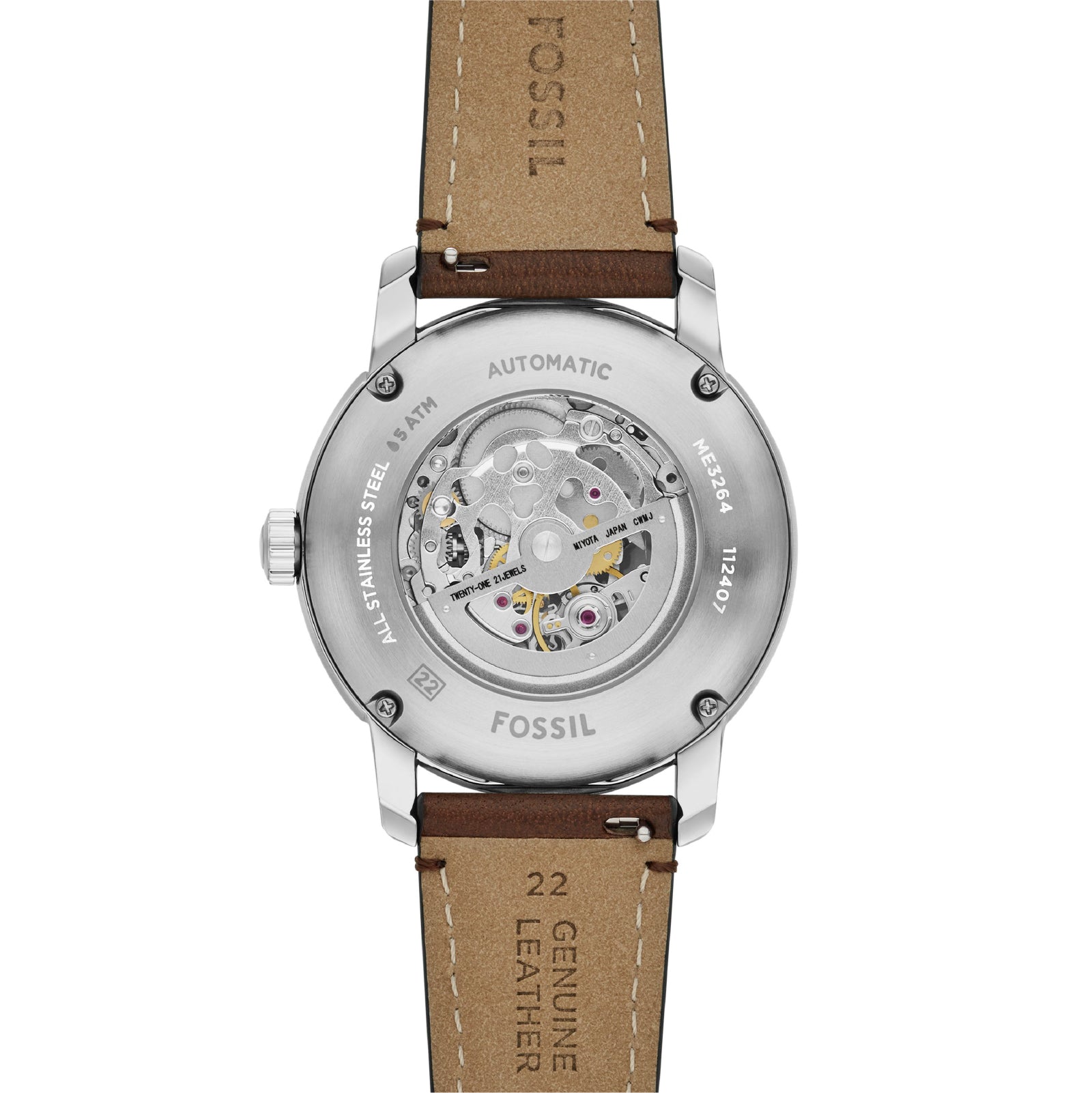 Orologio automatico Fossil in acciaio argento e pelle marrone F.ME3264
