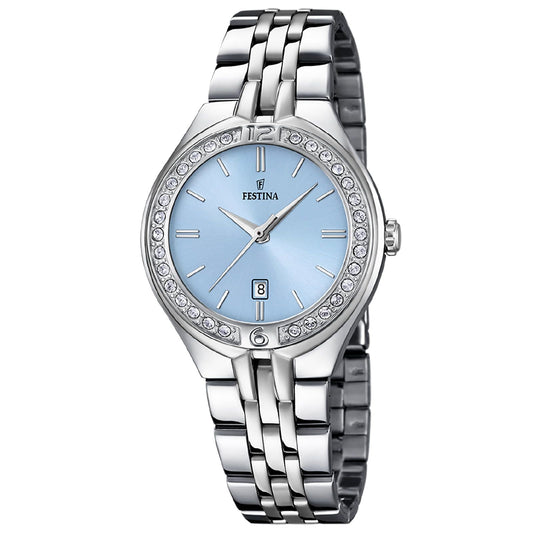 Orologio da donna solo tempo Festina Mademoiselle in acciaio con quadrante azzurro e ghiera di zirconi F16867-4-1