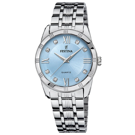 Orologio da donna solo tempo Festina Mademoiselle in acciaio con quadrante azzurro e zirconi F16940-E-1