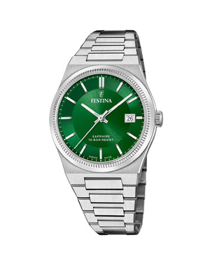 Orologio solo tempo della collezione Festina My Swiss Time da uomo con cassa 40mm e bracciale in acciaio e quadrante verde F20034/3