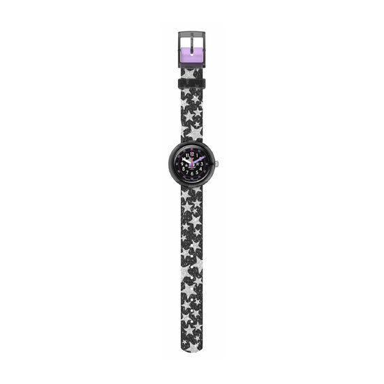 Orologio solo tempo bambina Flik Flak Flower Fields nero con stelle MISURA UNICA