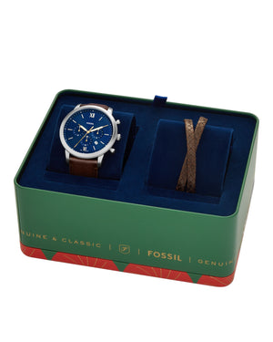 Cofanetto della collezione Fossil Neutra da uomo composto da orologio cronografo 44mm in acciaio e bracciale in pelle FS6018SET