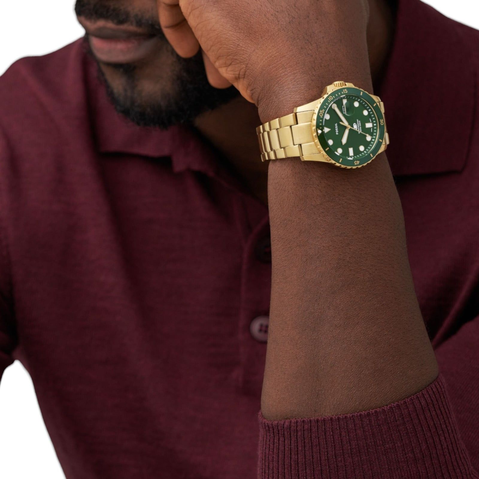 Orologio uomo solo tempo Fossil Blue Dive acciaio oro, verde, datario, cassa 42mm FS6030-4