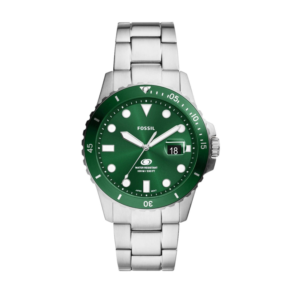 Orologio solo tempo Fossil Blue Dive da uomo in acciaio argento con quadrante verde e datario e cassa di 42mm FS6033