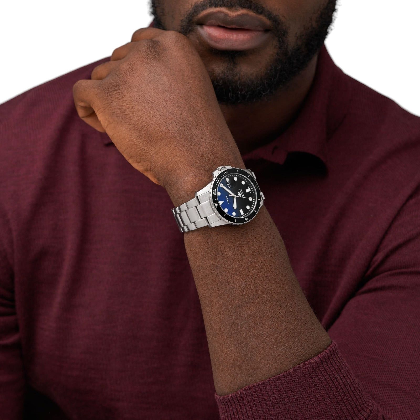 Orologio uomo solo tempo Fossil Blue Dive acciaio, blu, nero, datario, cassa 42mm