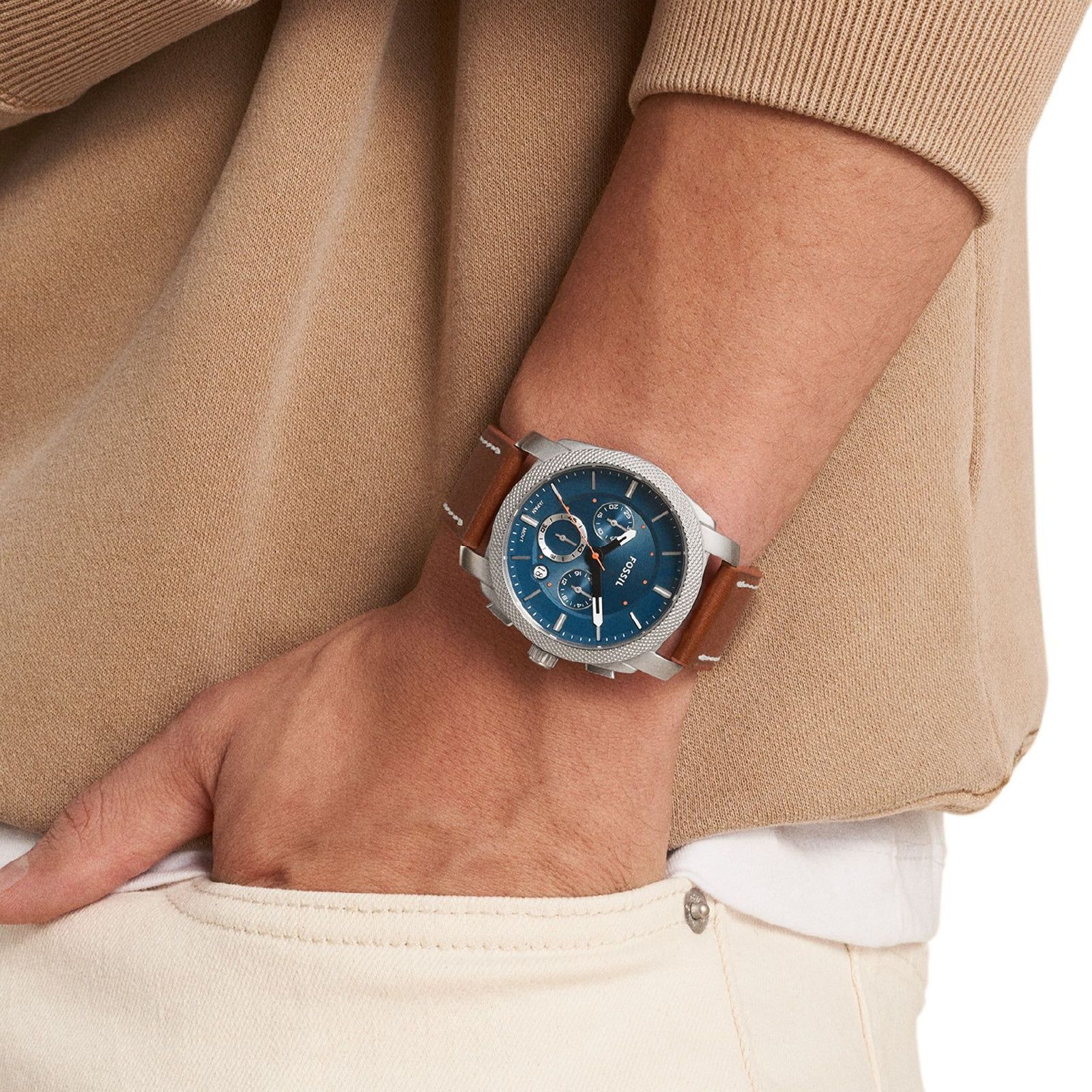 Orologio crono uomo Fossil Machine in acciaio e pelle marrone 42mm FS6059-4