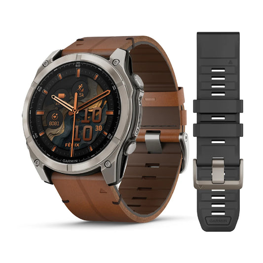 Smartwatch Garmin in titanio con cinturino in pelle Chestnut MISURA UNICA