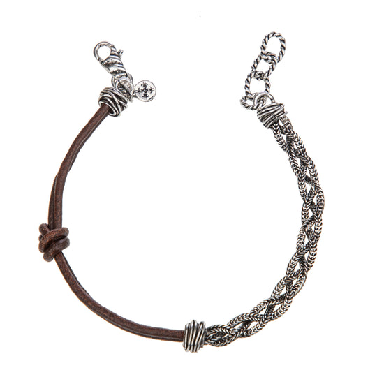 Bracciale uomo Giacomo Burroni argento 925 e pelle marrone Regolabile 19-21 cm
