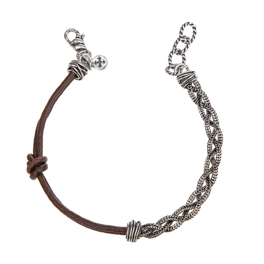 Bracciale uomo Giacomo Burroni argento 925 e pelle marrone Regolabile 19-21 cm