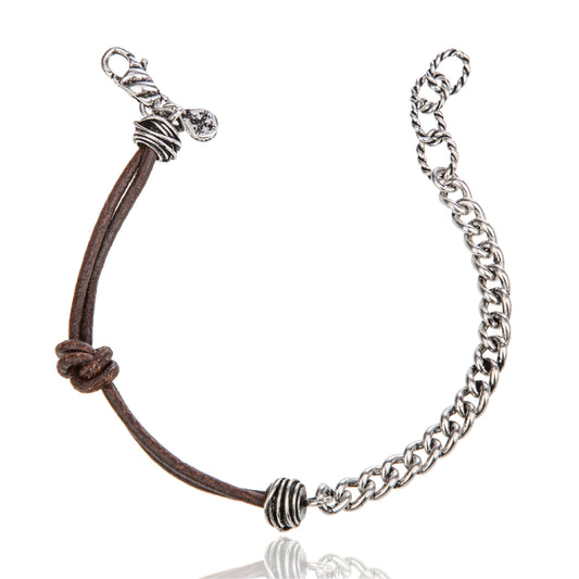 Bracciale uomo Giacomo Burroni argento e pelle marrone Regolabile 19-21 cm