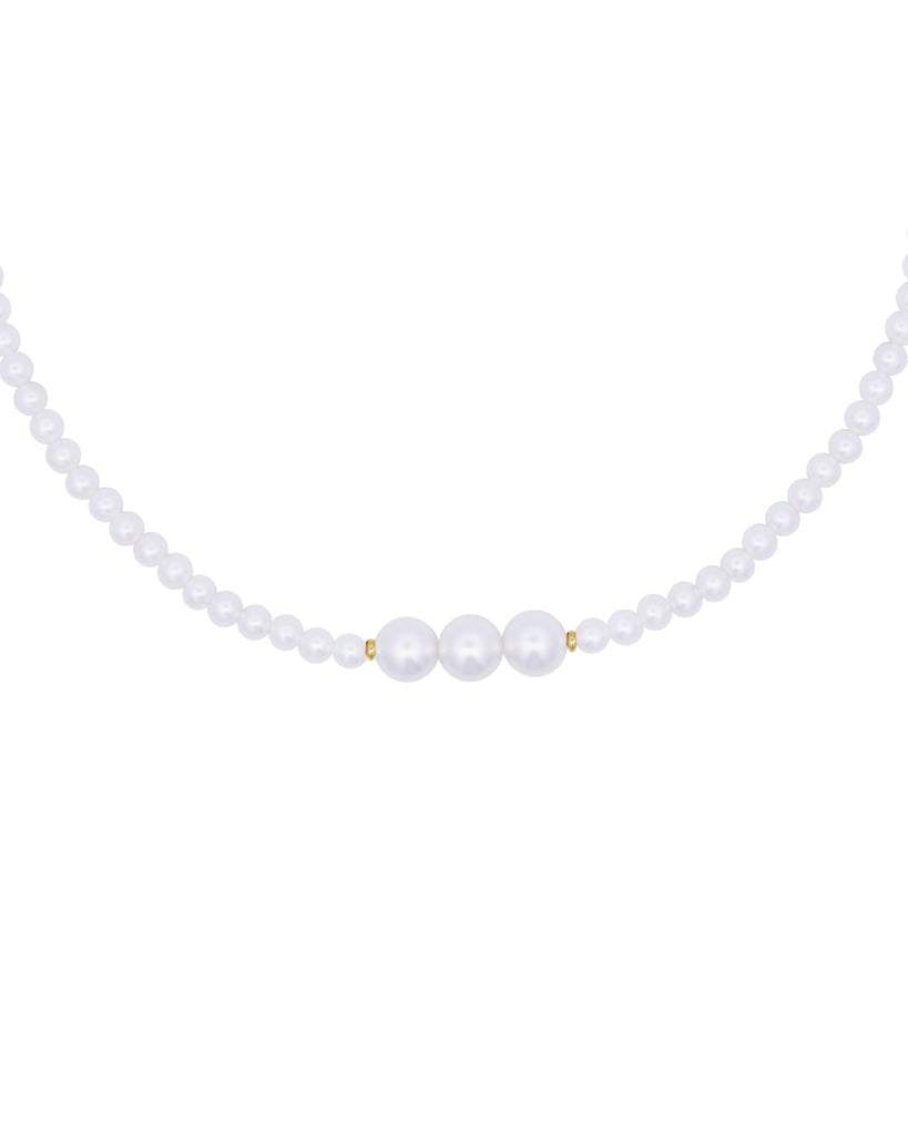 Girocollo elastico di perle da donna Rue Des Mille WhiteSide in argento 925 dorato con filo di perle e tre perle più grandi GR-019.M3.AU