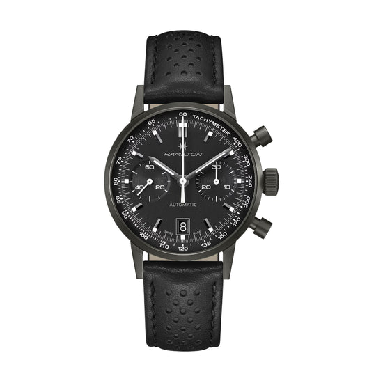 Orologio cronografo da uomo Hamilton in acciaio e pelle nera MISURA UNICA