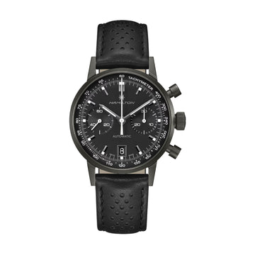 Orologio cronografo da uomo Hamilton in acciaio e pelle nera MISURA UNICA