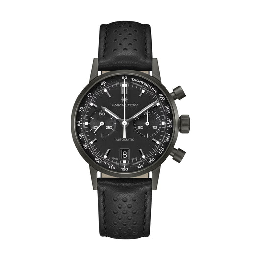Orologio cronografo da uomo Hamilton in acciaio e pelle nera MISURA UNICA