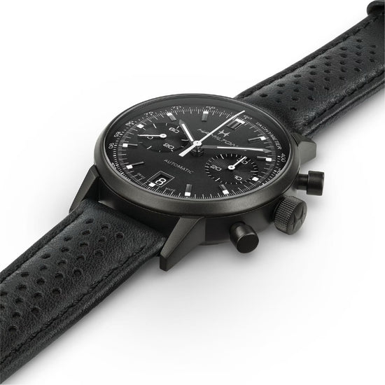 Orologio cronografo da uomo Hamilton in acciaio e pelle nera MISURA UNICA