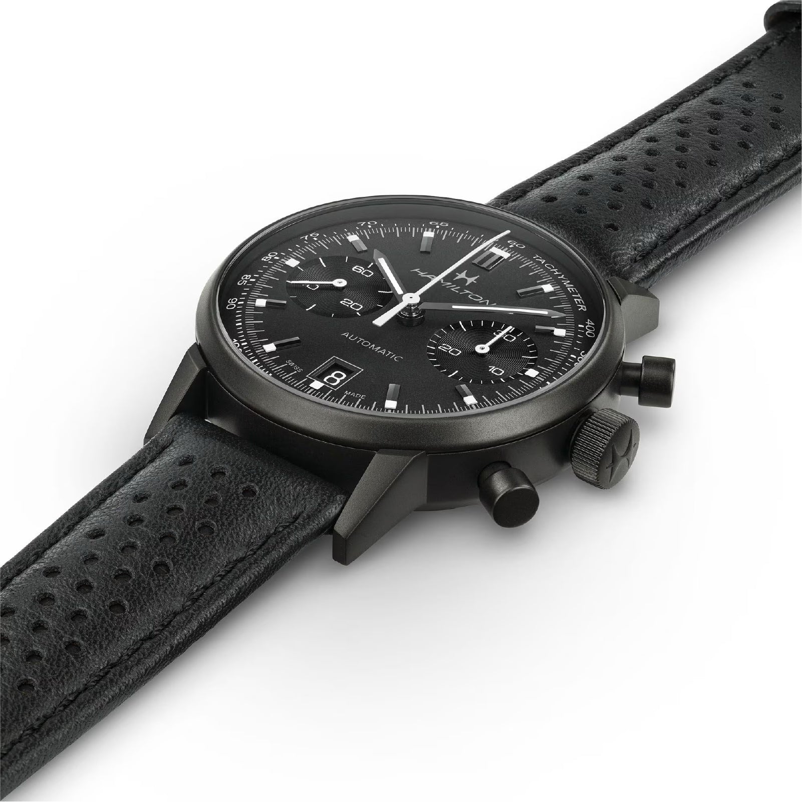 Orologio cronografo da uomo Hamilton in acciaio e pelle nera MISURA UNICA