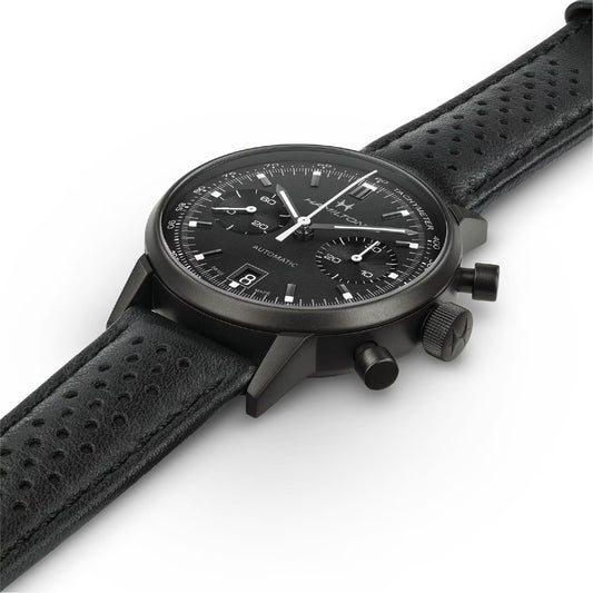 Orologio cronografo da uomo Hamilton in acciaio e pelle nera MISURA UNICA