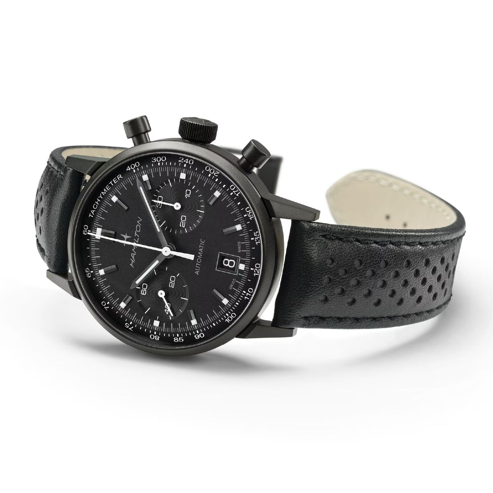 Orologio cronografo da uomo Hamilton in acciaio e pelle nera MISURA UNICA