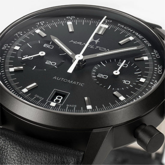 Orologio cronografo da uomo Hamilton in acciaio e pelle nera MISURA UNICA