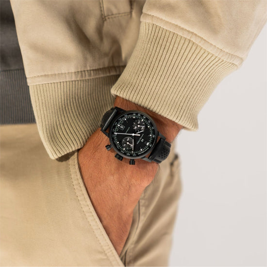 Orologio cronografo da uomo Hamilton in acciaio e pelle nera MISURA UNICA