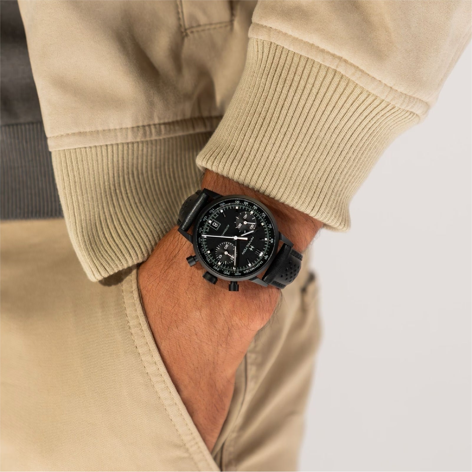 Orologio cronografo da uomo Hamilton in acciaio e pelle nera MISURA UNICA
