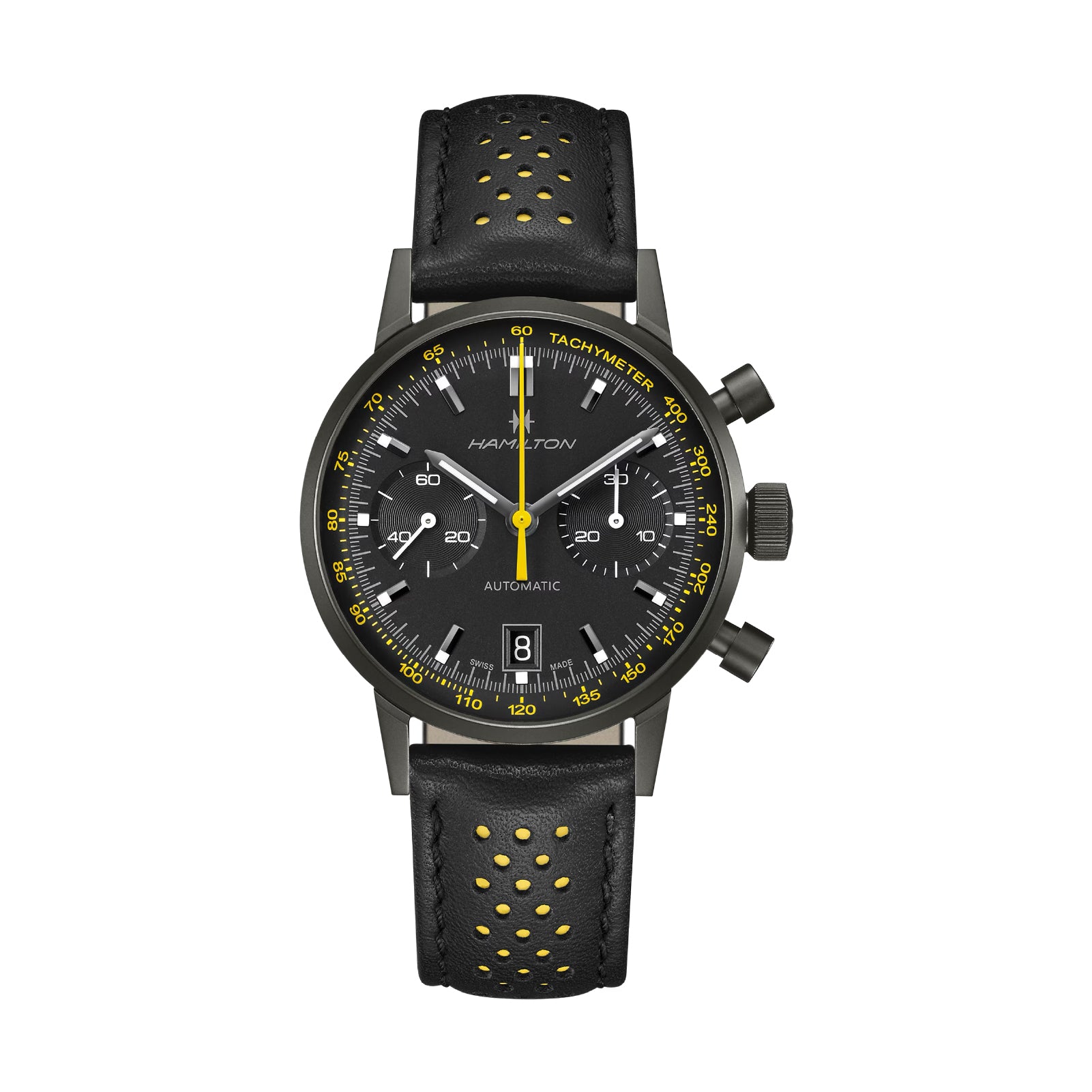 Orologio cronografo uomo Hamilton acciaio e pelle nero e giallo MISURA UNICA