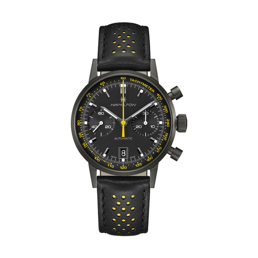 Orologio cronografo uomo Hamilton acciaio e pelle nero e giallo MISURA UNICA