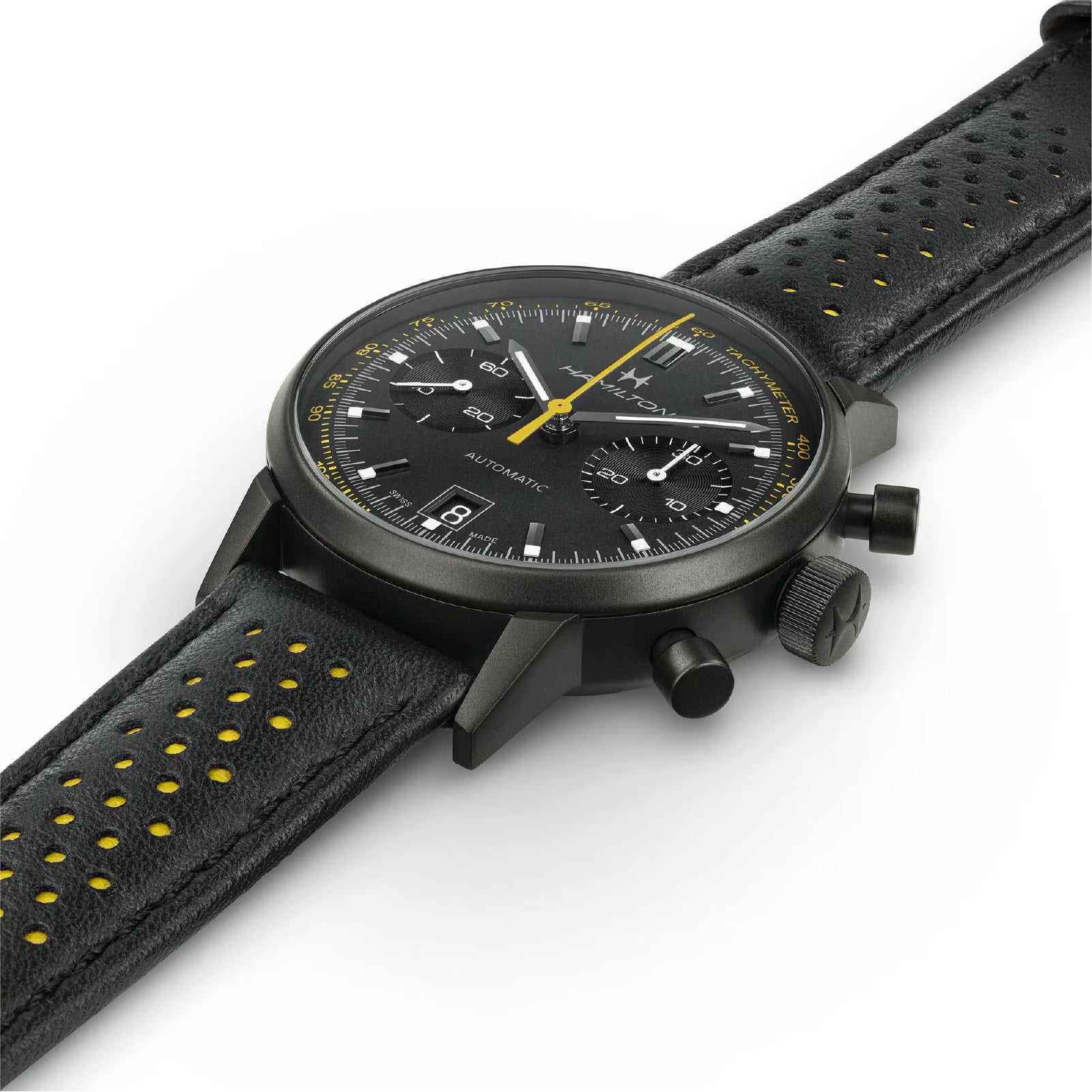 Orologio cronografo uomo Hamilton acciaio e pelle nero e giallo MISURA UNICA