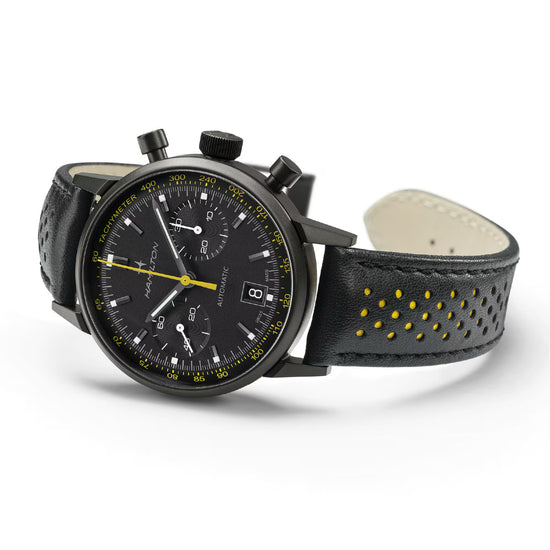 Orologio cronografo uomo Hamilton acciaio e pelle nero e giallo MISURA UNICA