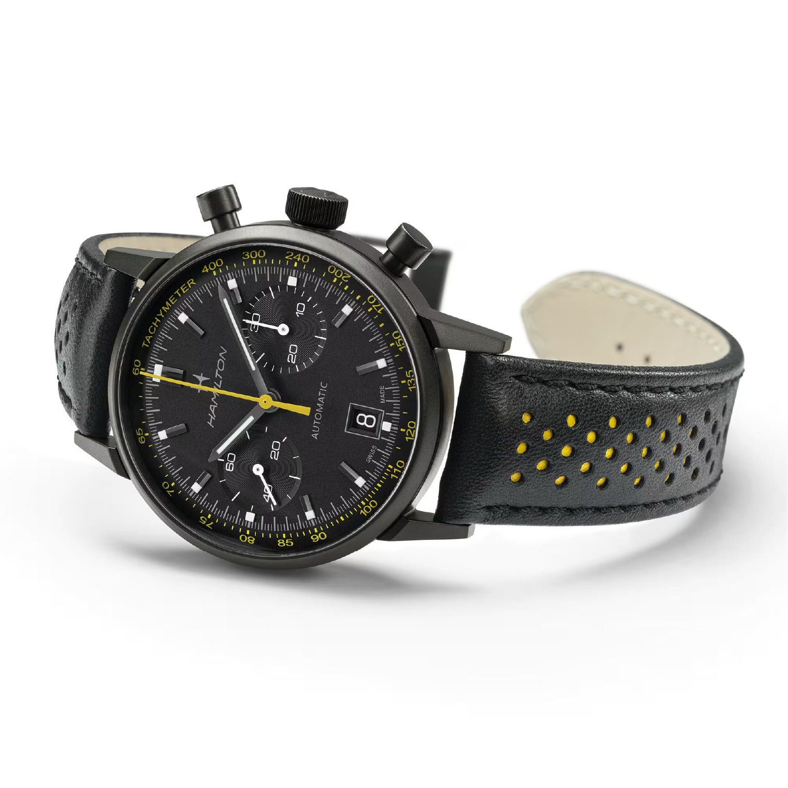 Orologio cronografo uomo Hamilton acciaio e pelle nero e giallo MISURA UNICA