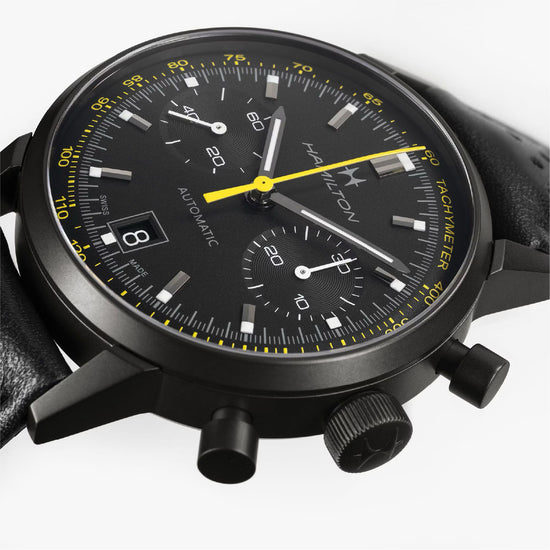 Orologio cronografo uomo Hamilton acciaio e pelle nero e giallo MISURA UNICA