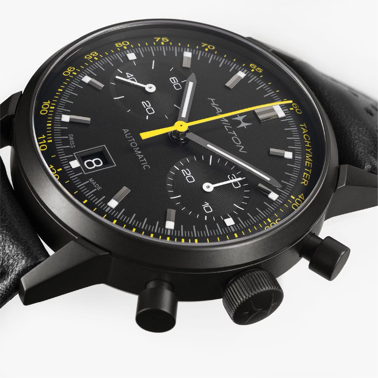 Orologio cronografo uomo Hamilton acciaio e pelle nero e giallo MISURA UNICA