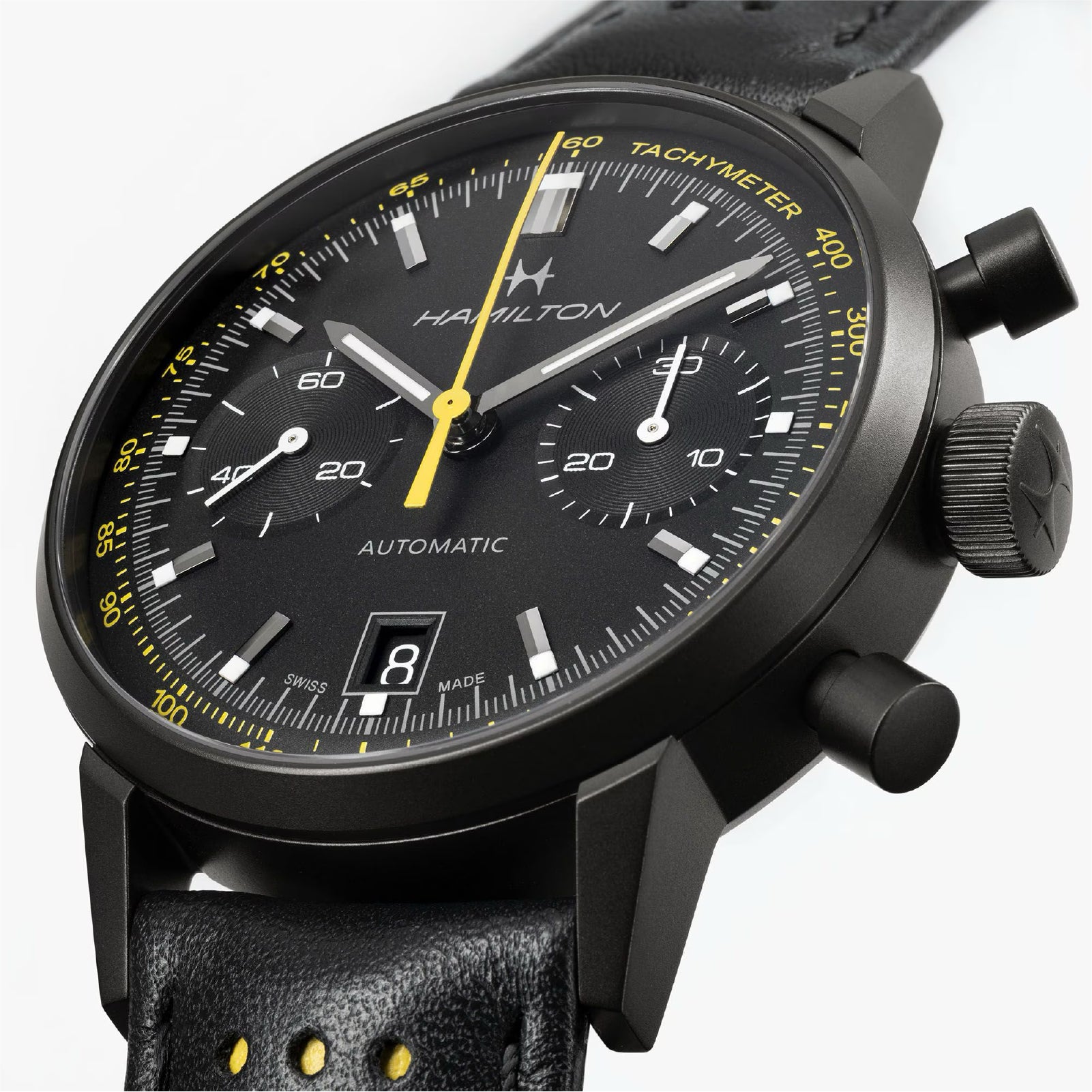 Orologio cronografo uomo Hamilton acciaio e pelle nero e giallo MISURA UNICA