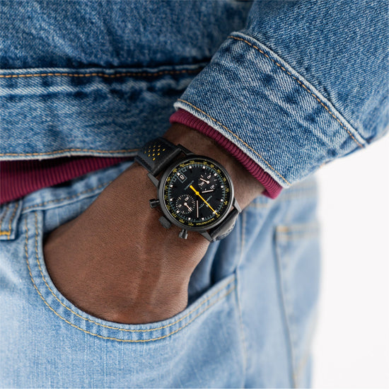 Orologio cronografo uomo Hamilton acciaio e pelle nero e giallo MISURA UNICA
