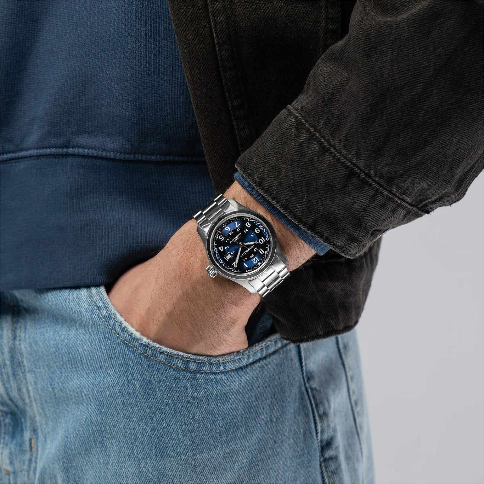 Orologio automatico da uomo Hamilton in acciaio quadrante blu MISURA UNICA