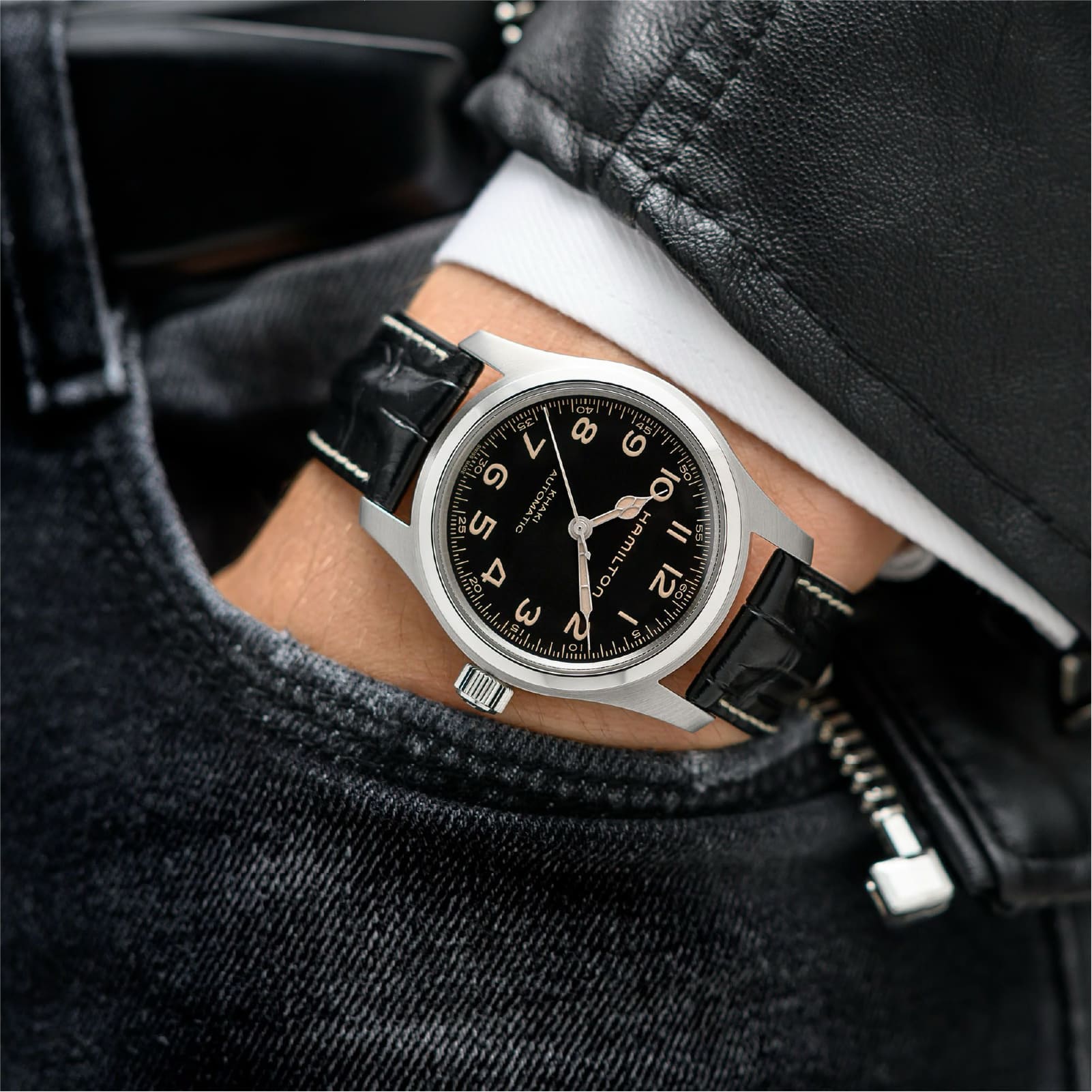 Orologio uomo Hamilton con cinturino in pelle nera e acciaio MISURA UNICA