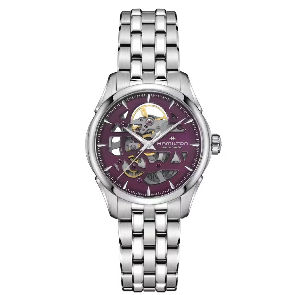 Orologio automatico Hamilton Jazzmaster Lady Skeleton da donna in acciaio con quadrante scheletrato viola, cassa 36mm H32265101