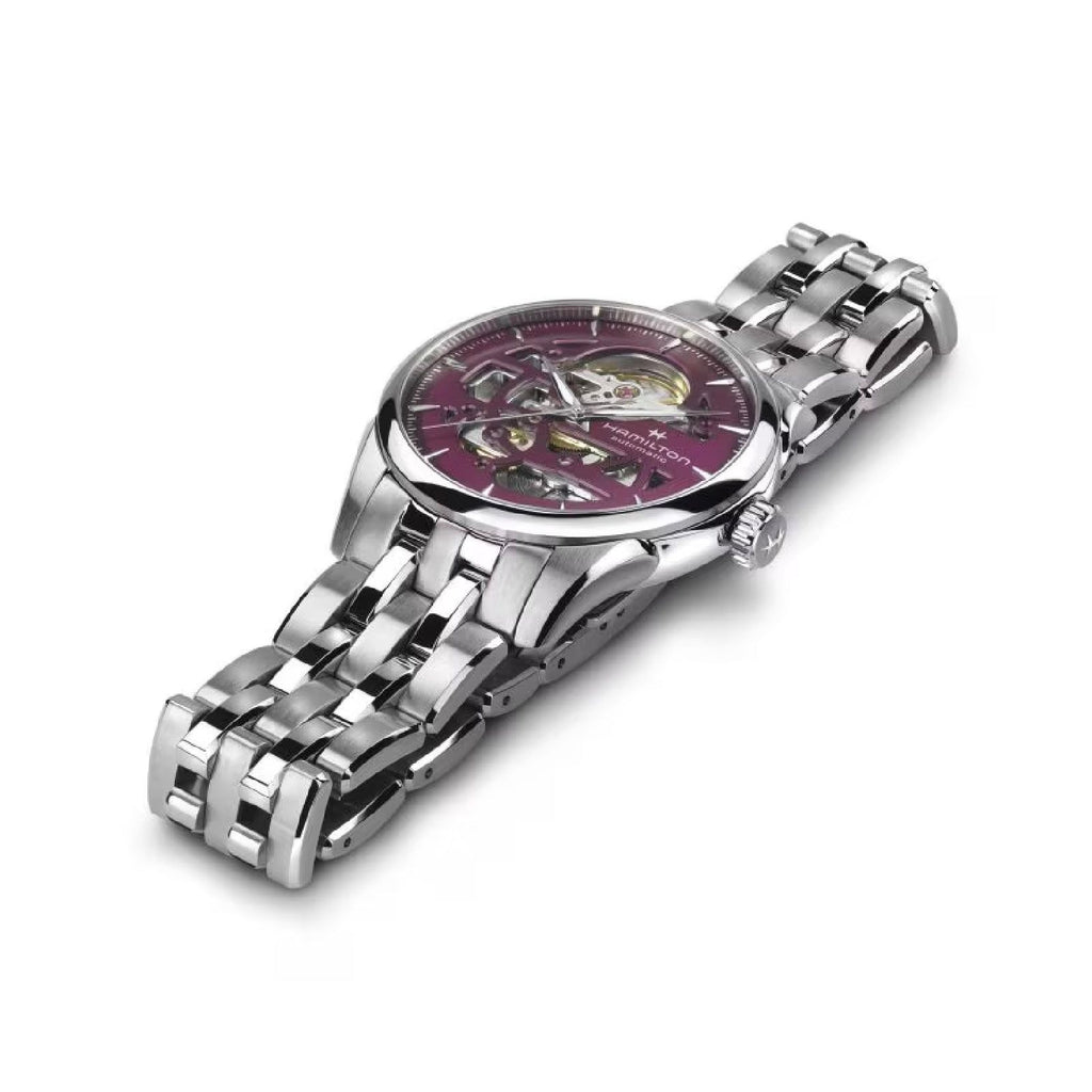 Orologio automatico Hamilton Jazzmaster Lady Skeleton da donna in acciaio con quadrante scheletrato viola, cassa 36mm H32265101