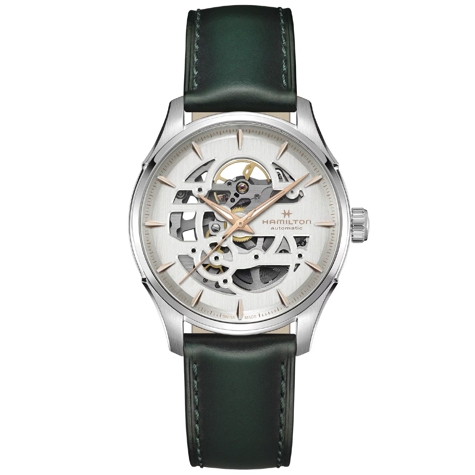Orologio uomo Hamilton Jazzmaster acciaio e pelle verde quadrante scheletro 40mm H42535810-1